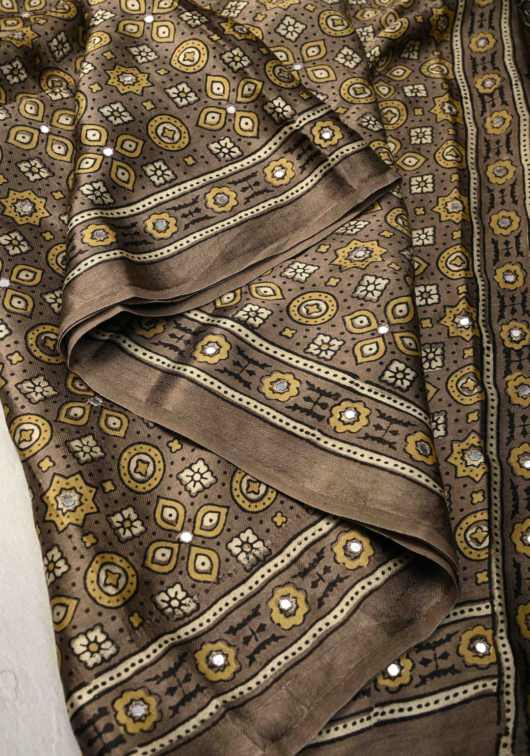 Authentic Ajrakh Hand Block Print in Gray Taupe Modal Silk Saree with Mirror Tikk Hand Work
