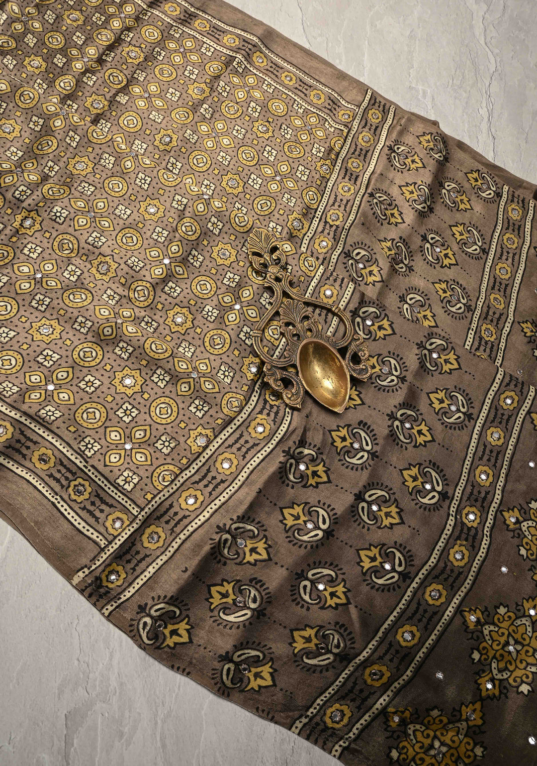 Authentic Ajrakh Hand Block Print in Gray Taupe Modal Silk Saree with Mirror Tikk Hand Work