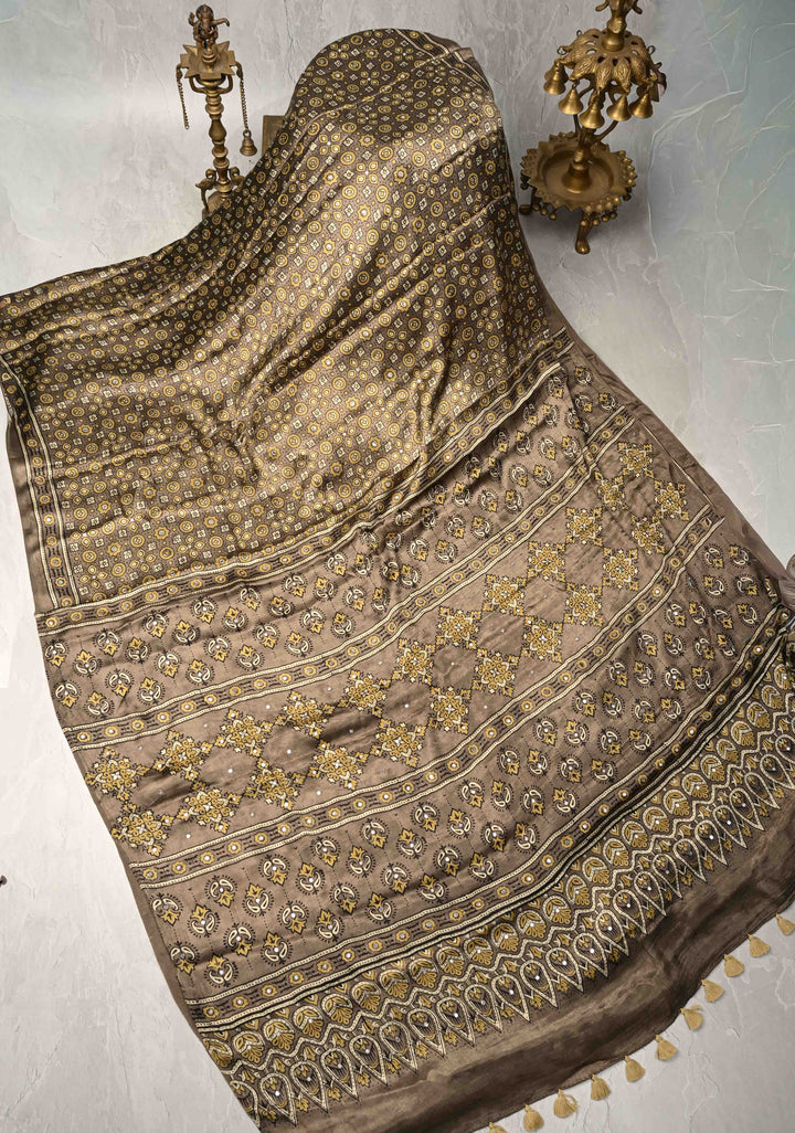Authentic Ajrakh Hand Block Print in Gray Taupe Modal Silk Saree with Mirror Tikk Hand Work