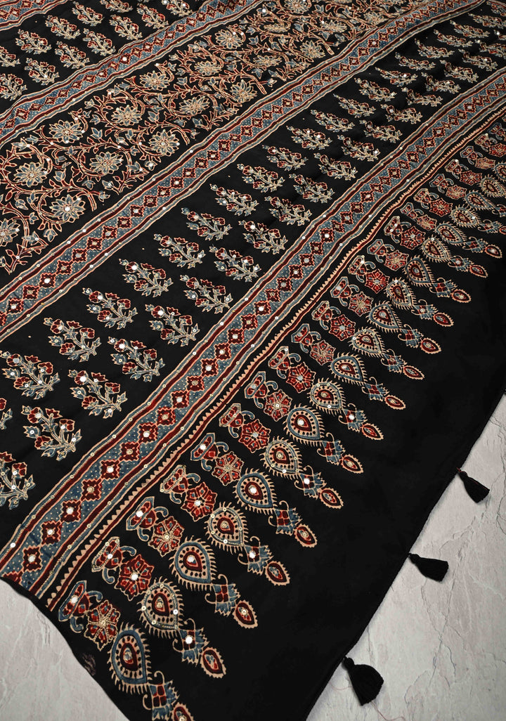 Ajrakh Hand Block Printed in Brick Red Modal Silk Saree with Aari and Mirror Work