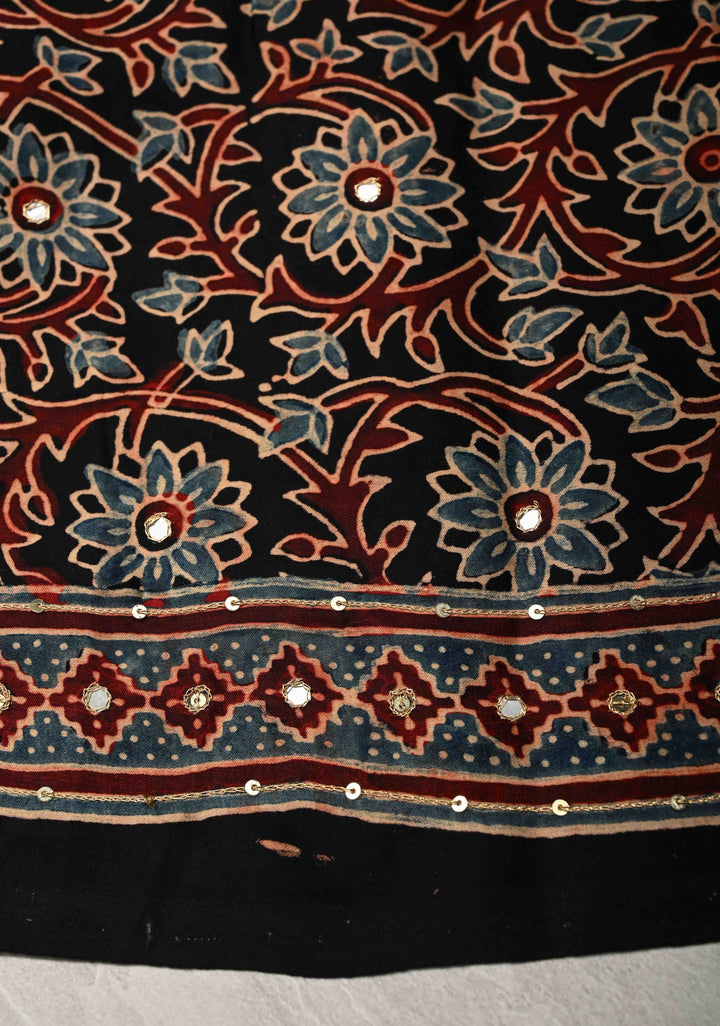 Ajrakh Hand Block Printed in Brick Red Modal Silk Saree with Aari and Mirror Work