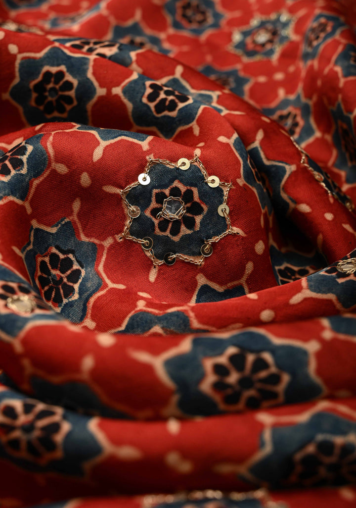 Ajrakh Hand Block Printed in Brick Red Modal Silk Saree with Aari and Mirror Work
