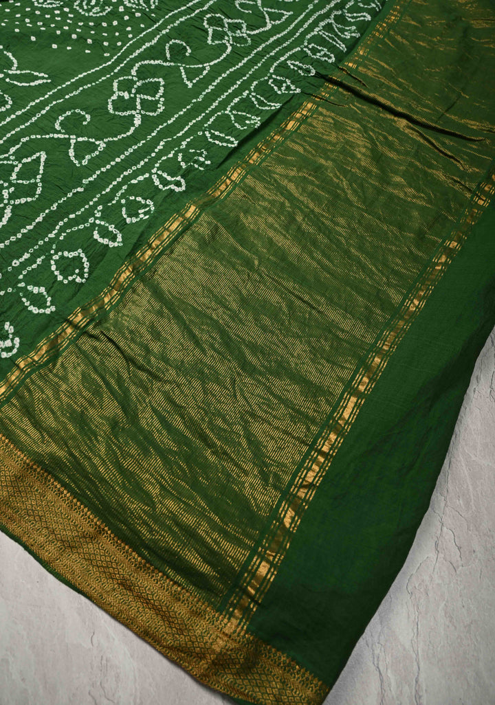 Fern Green Bandhini Fusion Mangalagiri Cotton Saree with Minimal Zari Border