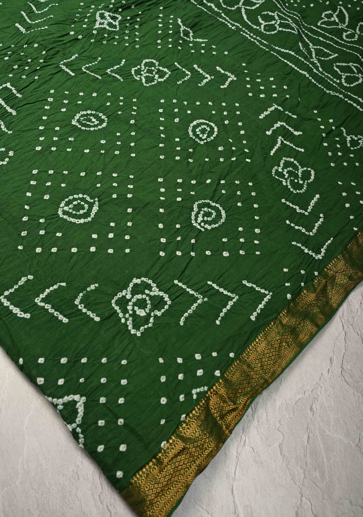 Fern Green Bandhini Fusion Mangalagiri Cotton Saree with Minimal Zari Border