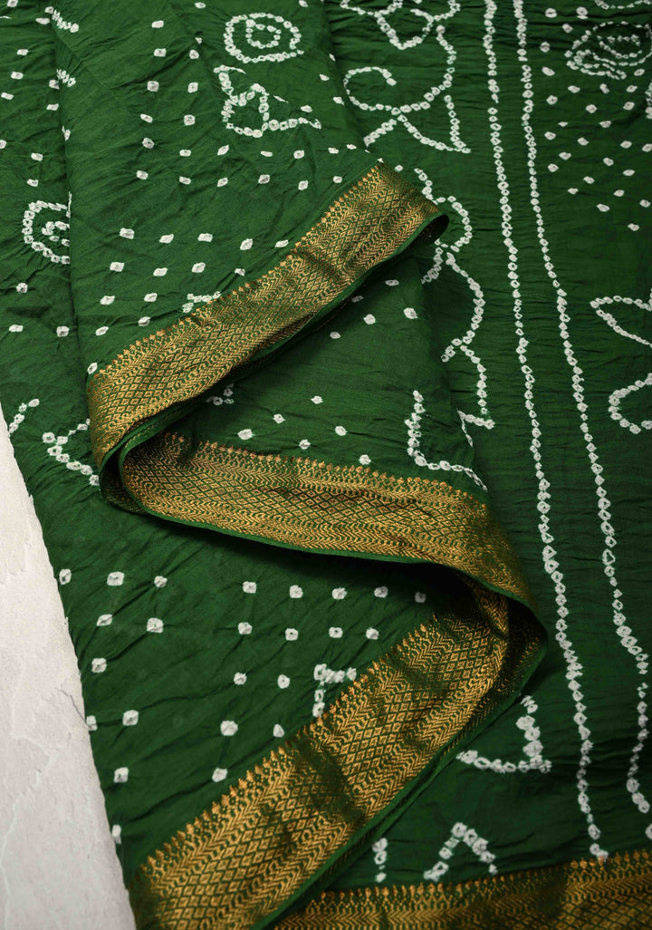 Fern Green Bandhini Fusion Mangalagiri Cotton Saree with Minimal Zari Border