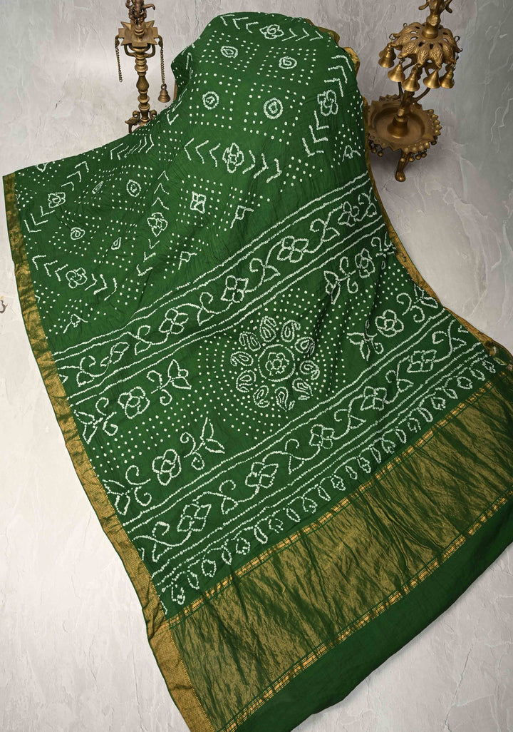 Fern Green Bandhini Fusion Mangalagiri Cotton Saree with Minimal Zari Border