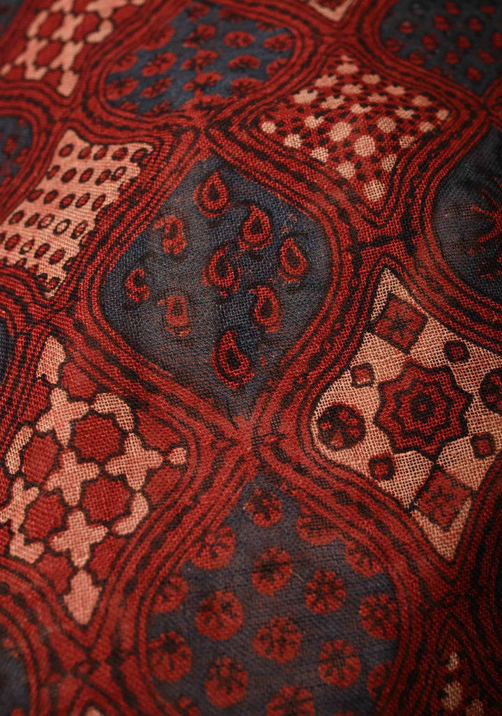 Deep Red Linen by Cotton Saree with Ajrakh Handblock Print and Minimal Silver Zari Border
