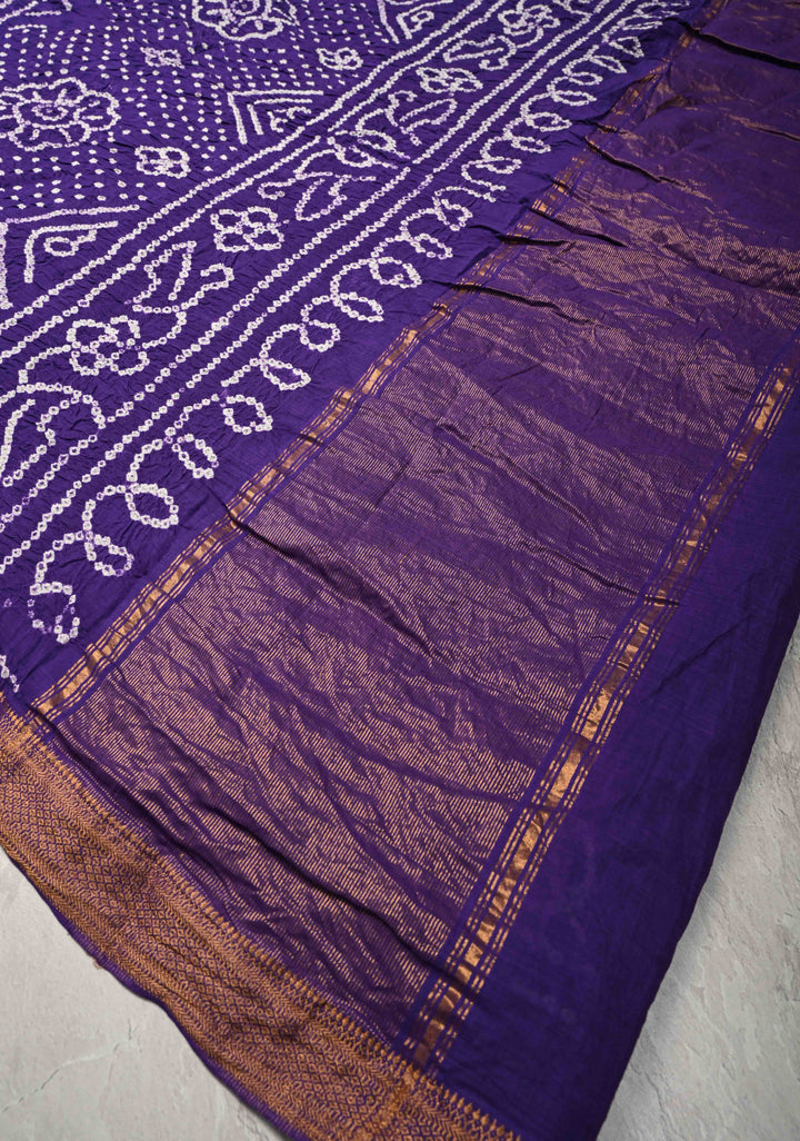 Ink Purple Bandhini Fusion Mangalagiri Cotton Saree with Minimal Zari Border