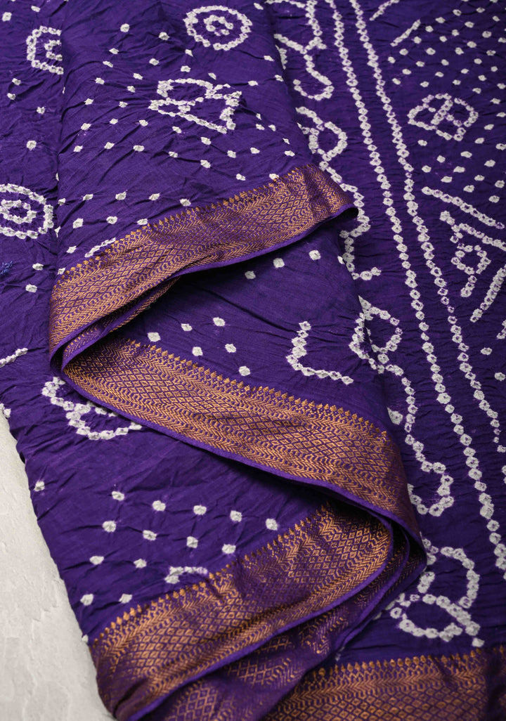 Ink Purple Bandhini Fusion Mangalagiri Cotton Saree with Minimal Zari Border
