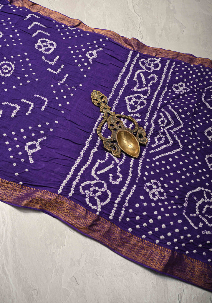 Ink Purple Bandhini Fusion Mangalagiri Cotton Saree with Minimal Zari Border