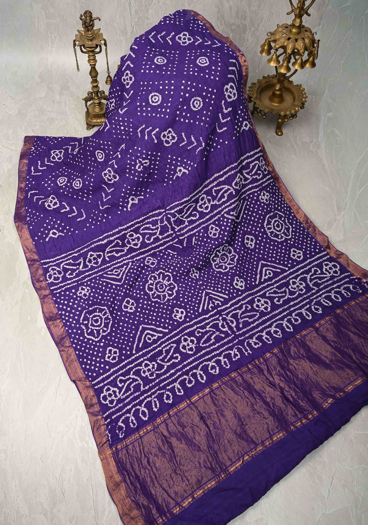 Ink Purple Bandhini Fusion Mangalagiri Cotton Saree with Minimal Zari Border