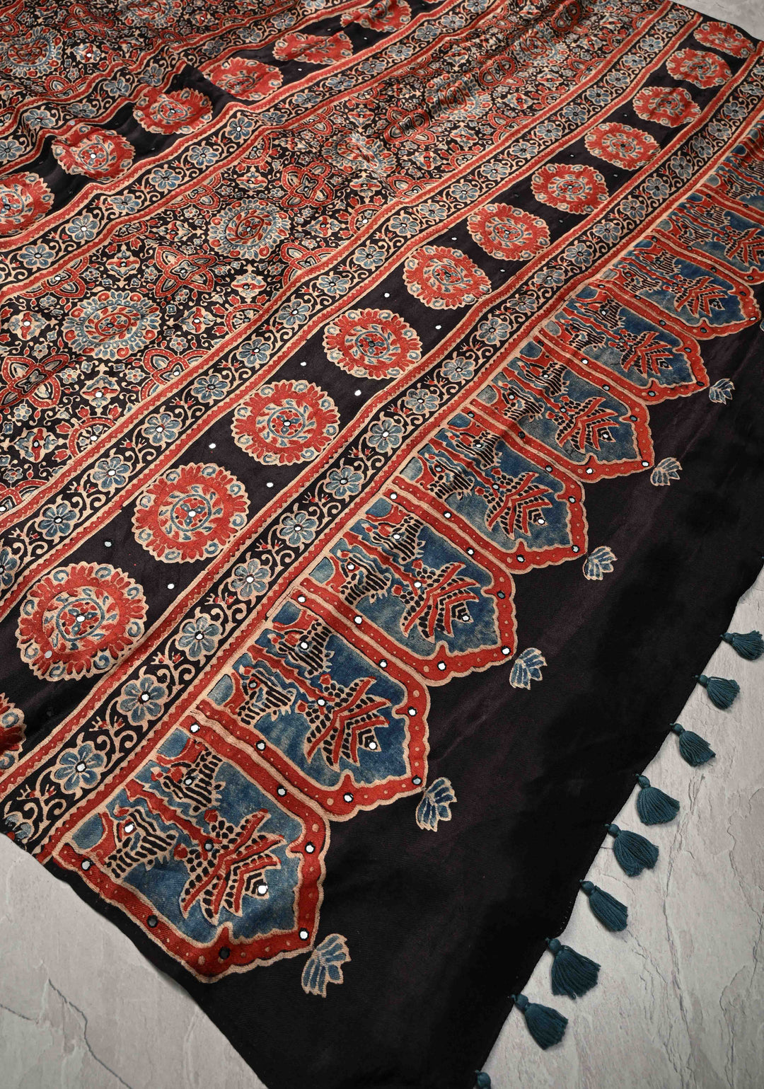 Red Floral Hand Block Print on Modal Silk Saree with Mirror Work