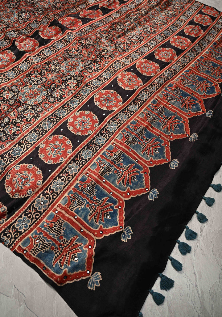 Red Floral Hand Block Print on Modal Silk Saree with Mirror Work