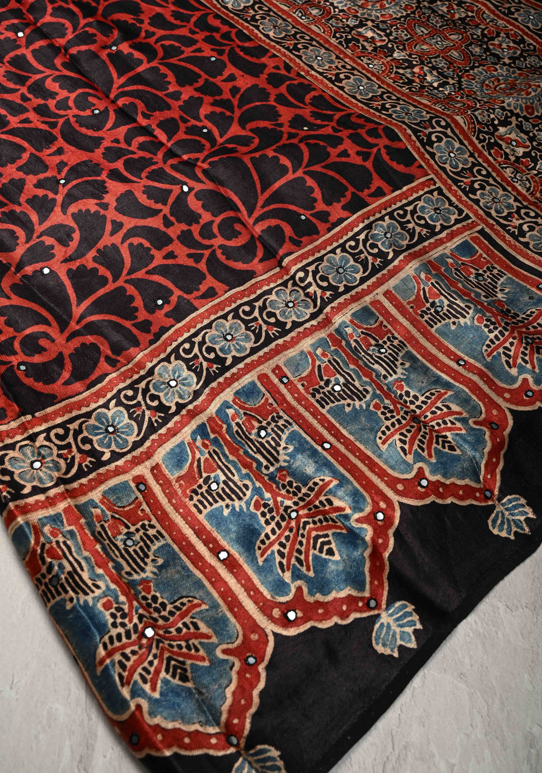 Red Floral Hand Block Print on Modal Silk Saree with Mirror Work