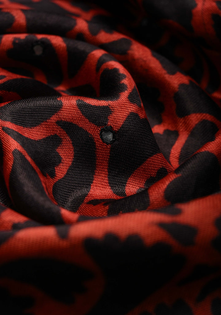 Red Floral Hand Block Print on Modal Silk Saree with Mirror Work