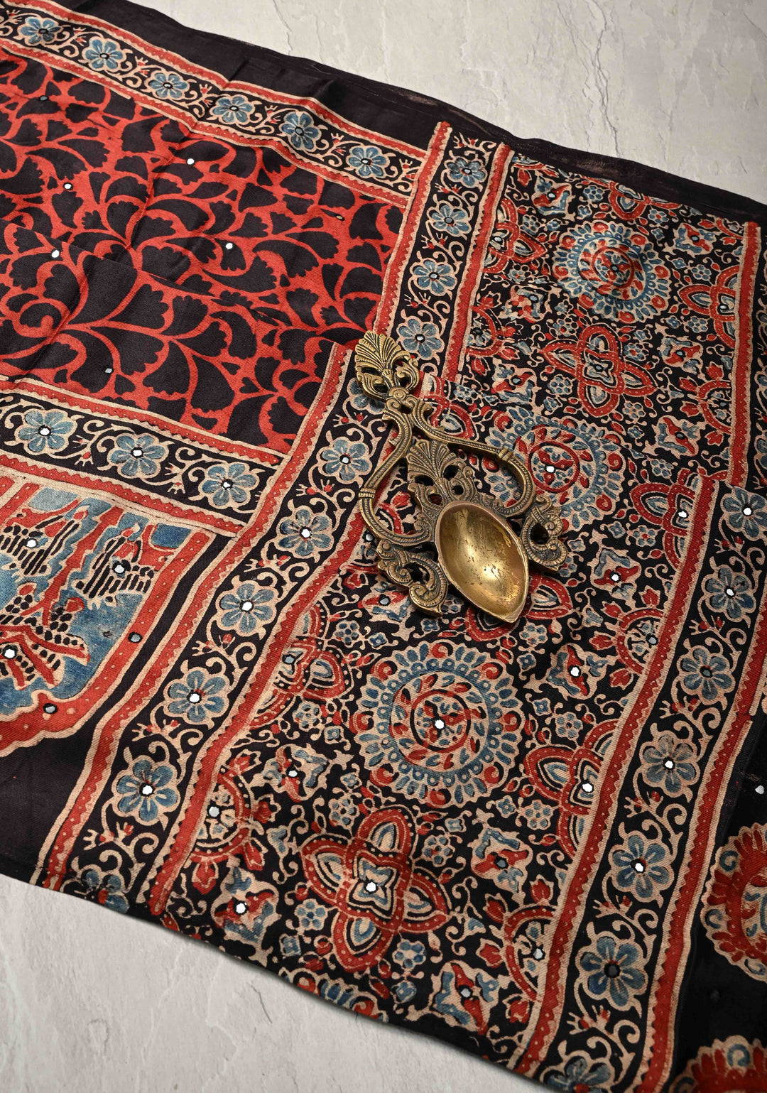 Red Floral Hand Block Print on Modal Silk Saree with Mirror Work