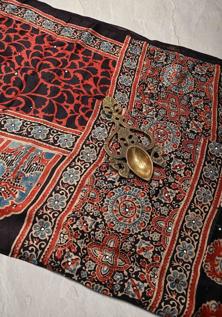 Red Floral Hand Block Print on Modal Silk Saree with Mirror Work