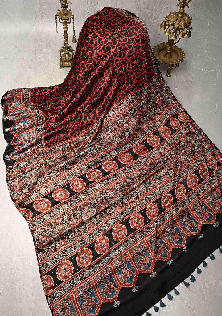 Red Floral Hand Block Print on Modal Silk Saree with Mirror Work