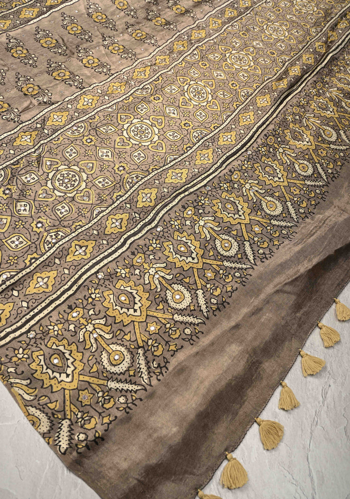 Gray Taupe Ajrakh Hand Block Printed on Modal Silk Saree with Mirror Work