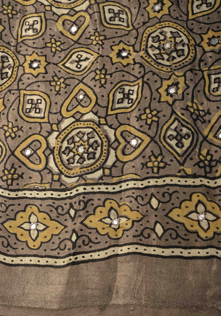 Gray Taupe Ajrakh Hand Block Printed on Modal Silk Saree with Mirror Work