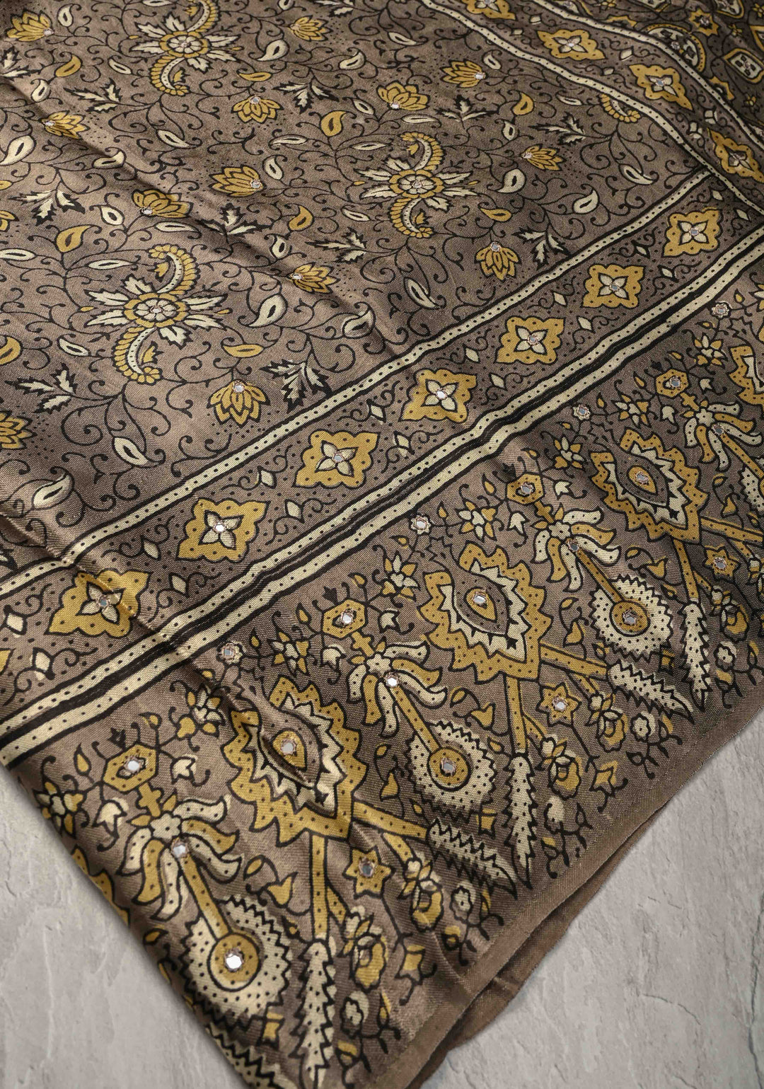Gray Taupe Ajrakh Hand Block Printed on Modal Silk Saree with Mirror Work