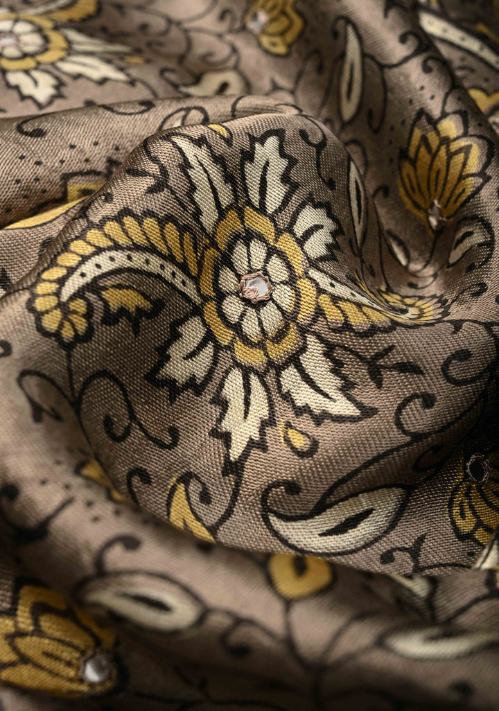 Gray Taupe Ajrakh Hand Block Printed on Modal Silk Saree with Mirror Work
