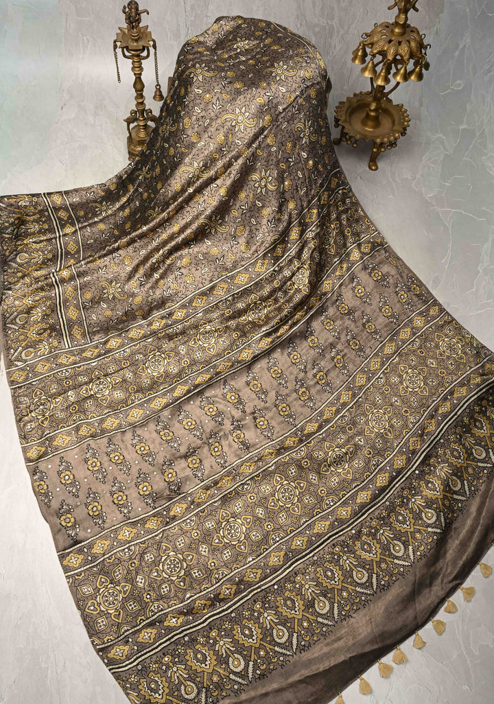 Gray Taupe Ajrakh Hand Block Printed on Modal Silk Saree with Mirror Work
