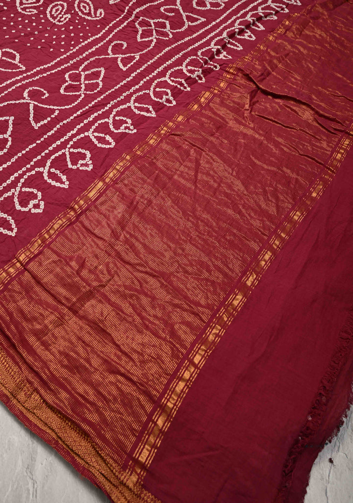 Magenta Bandhini Fusion Mangalagiri Cotton Saree with Minimal Zari Border