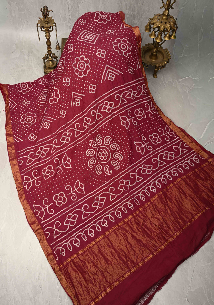 Magenta Bandhini Fusion Mangalagiri Cotton Saree with Minimal Zari Border