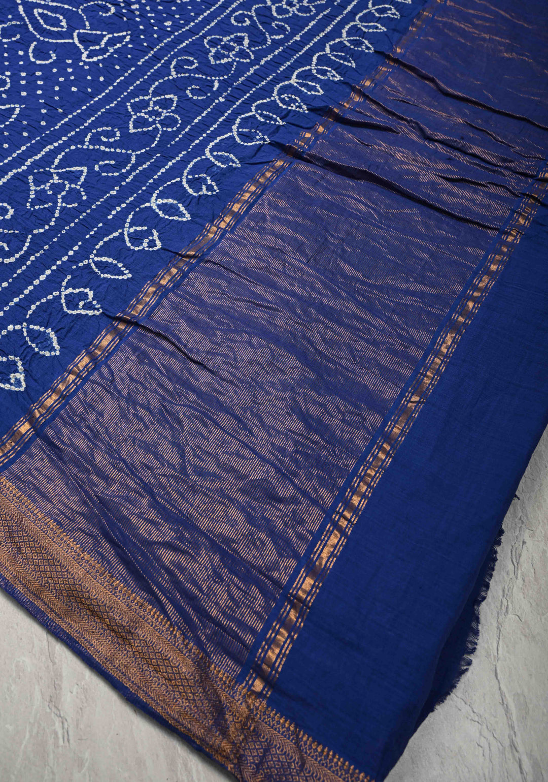 Ink Blue Bandhini Fusion Mangalagiri Cotton Saree with Minimal Zari Border