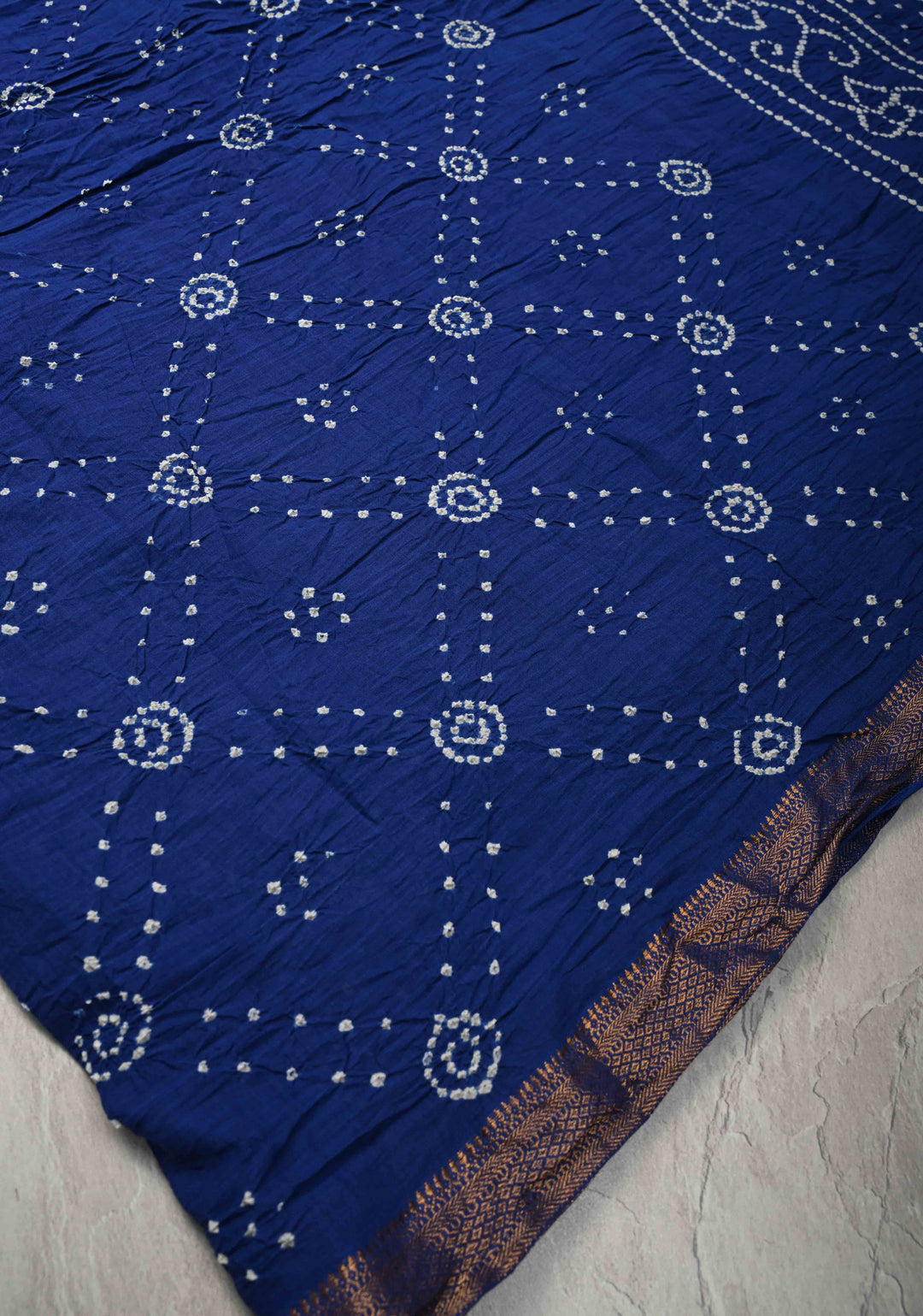 Ink Blue Bandhini Fusion Mangalagiri Cotton Saree with Minimal Zari Border