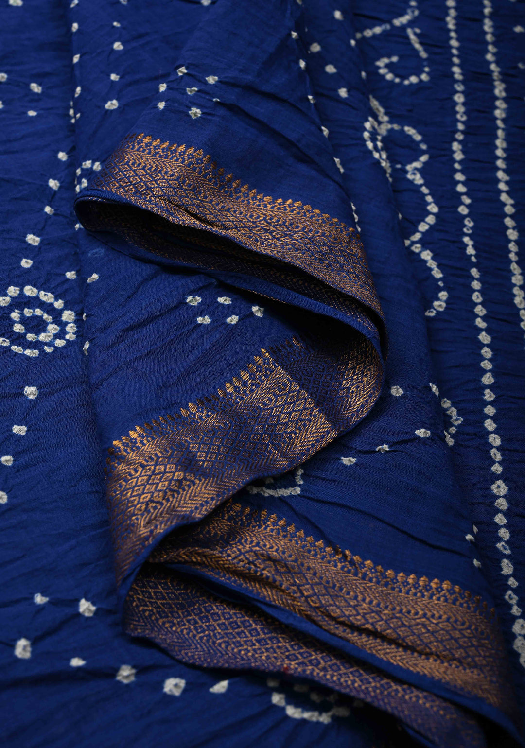 Ink Blue Bandhini Fusion Mangalagiri Cotton Saree with Minimal Zari Border