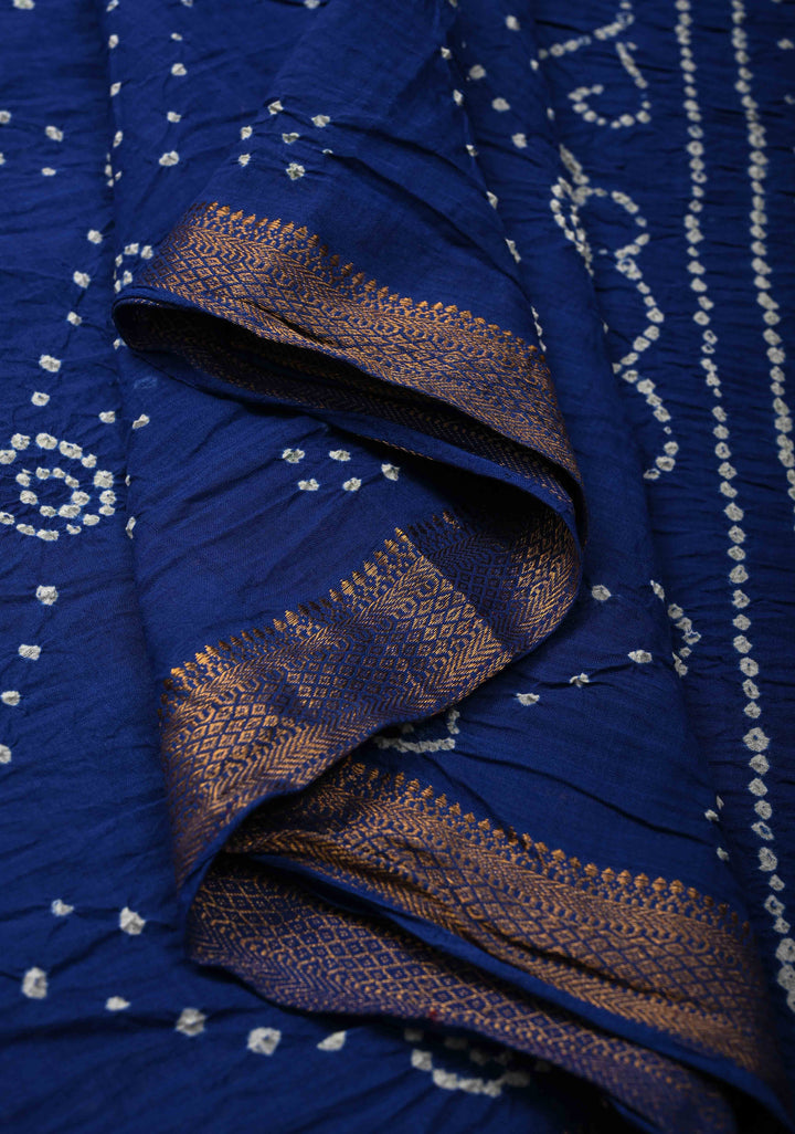 Ink Blue Bandhini Fusion Mangalagiri Cotton Saree with Minimal Zari Border