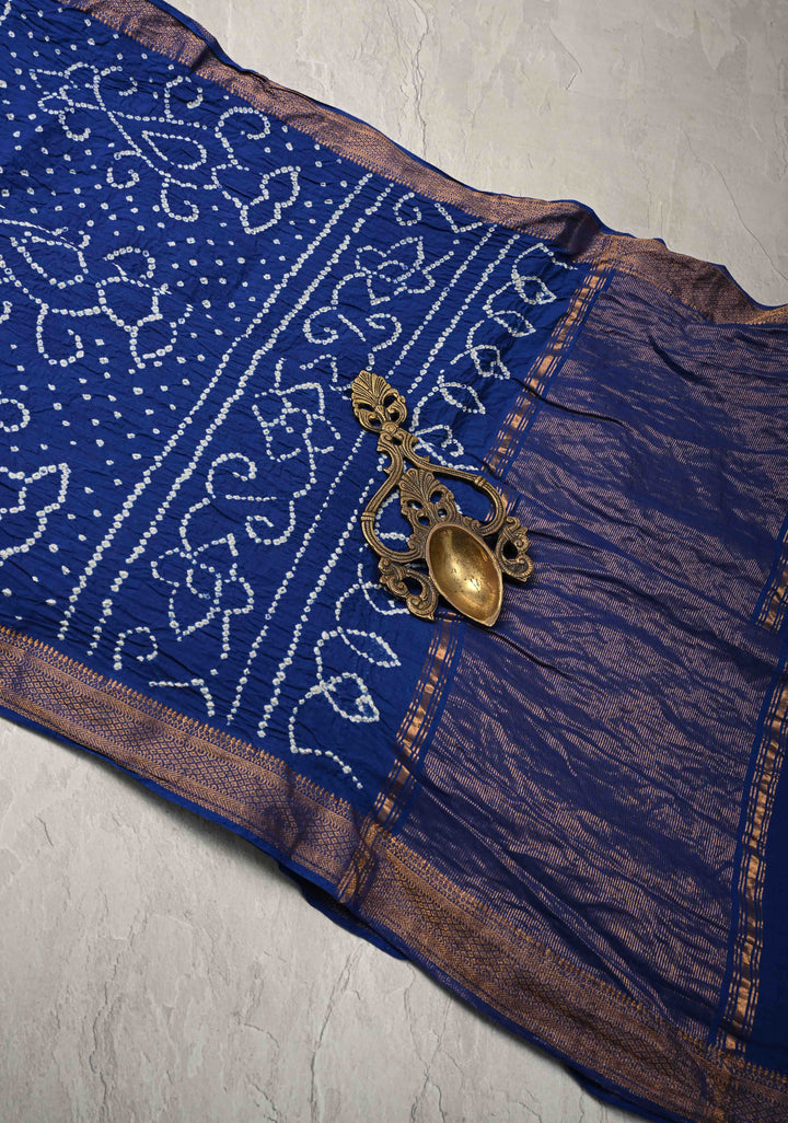 Ink Blue Bandhini Fusion Mangalagiri Cotton Saree with Minimal Zari Border