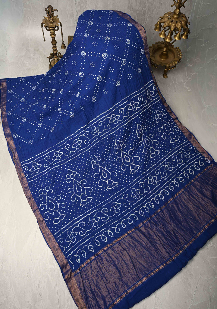 Ink Blue Bandhini Fusion Mangalagiri Cotton Saree with Minimal Zari Border