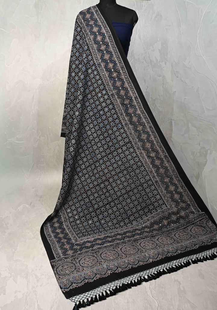 Dupatta:  Authentic Black cotton dupatta and  Ajrakh Hand block Print  full body tikki work and tassels
