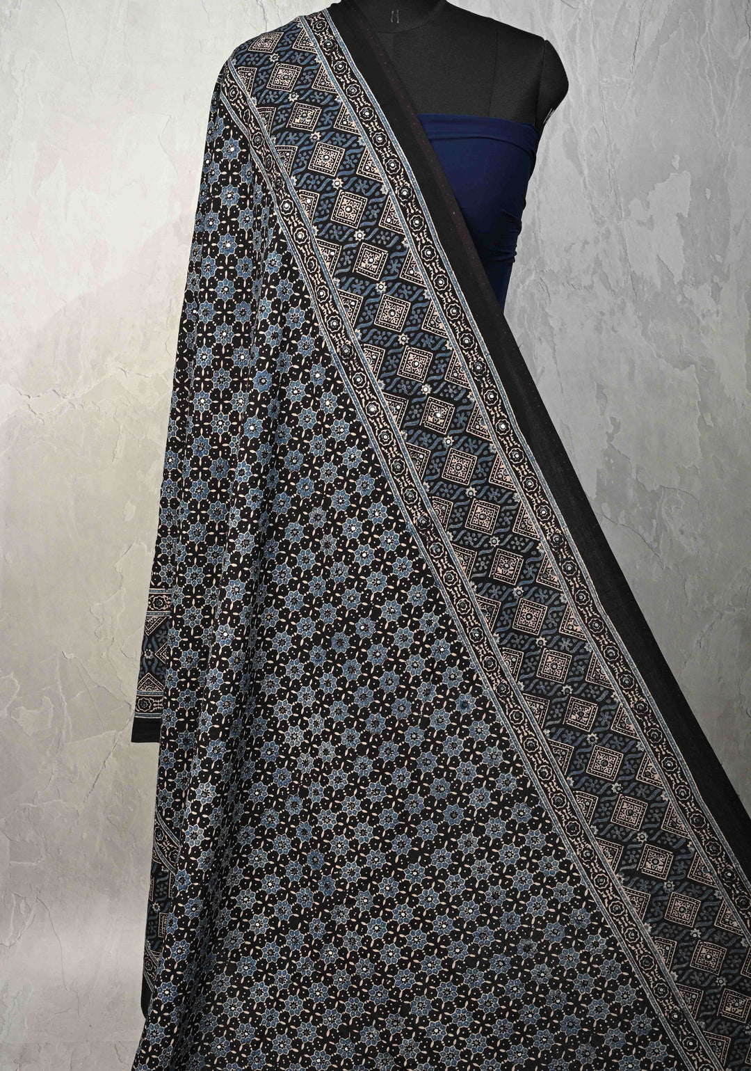 Dupatta:  Authentic Black cotton dupatta and  Ajrakh Hand block Print  full body tikki work and tassels