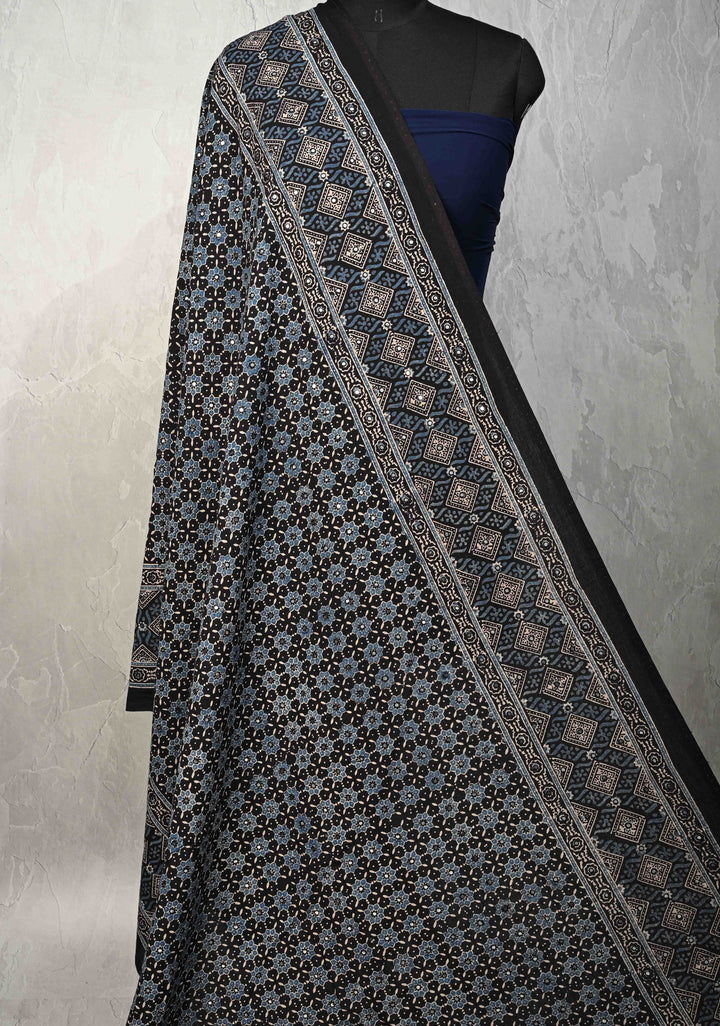Dupatta:  Authentic Black cotton dupatta and  Ajrakh Hand block Print  full body tikki work and tassels