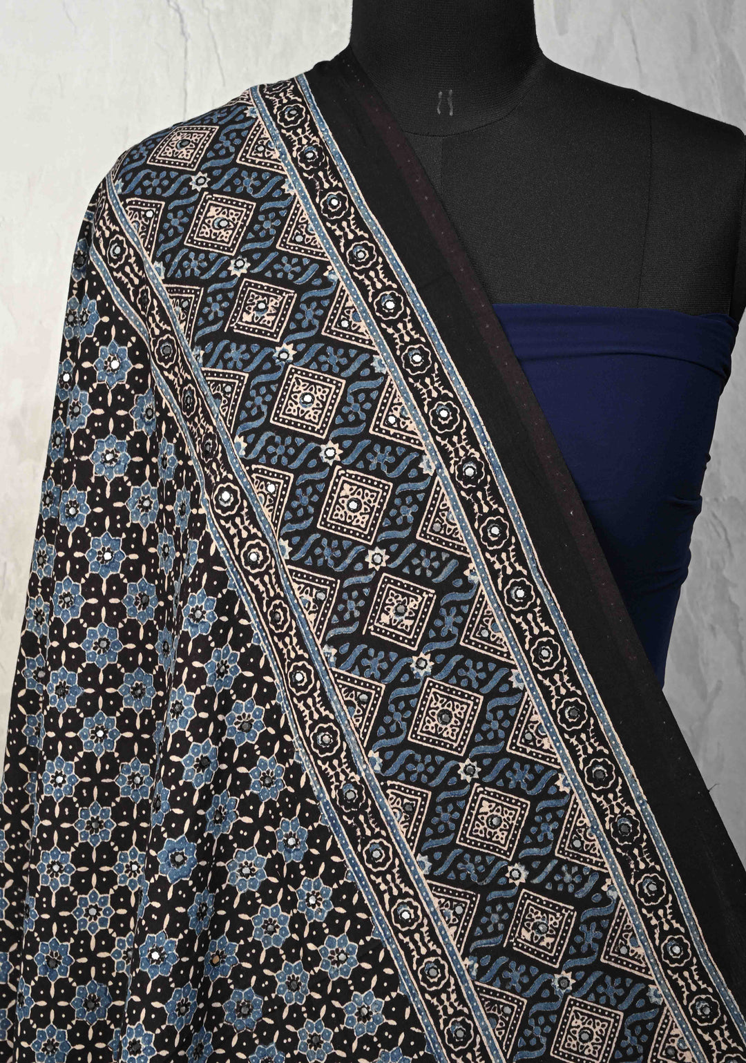 Dupatta:  Authentic Black cotton dupatta and  Ajrakh Hand block Print  full body tikki work and tassels