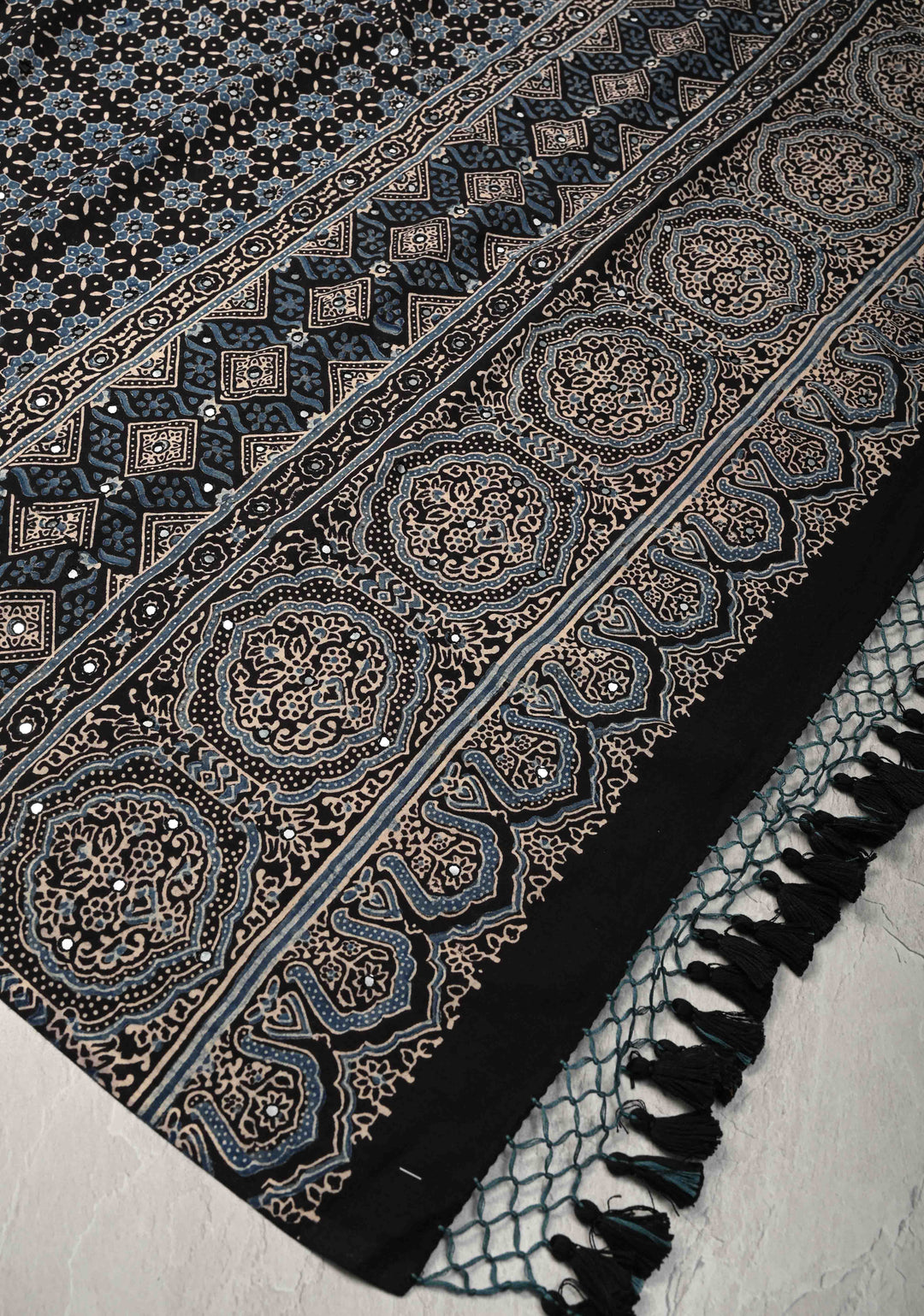 Dupatta:  Authentic Black cotton dupatta and  Ajrakh Hand block Print  full body tikki work and tassels