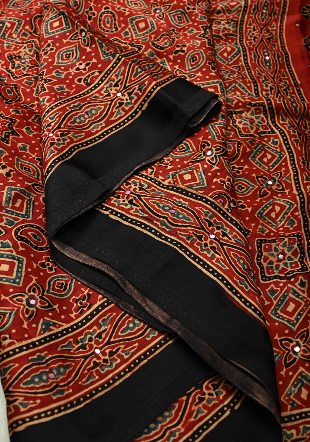 Red Ajrakh Block Print on Modal Saree with Mirror Work