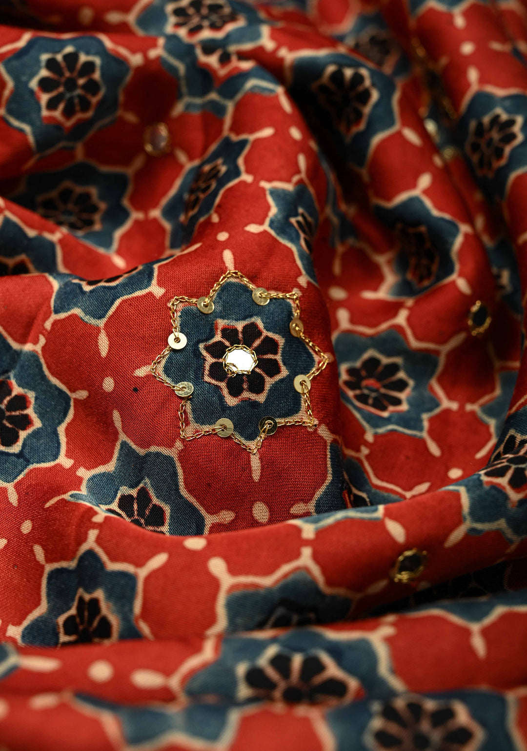 Red Ajrakh Block Print on Modal Saree with Mirror and Ari Work