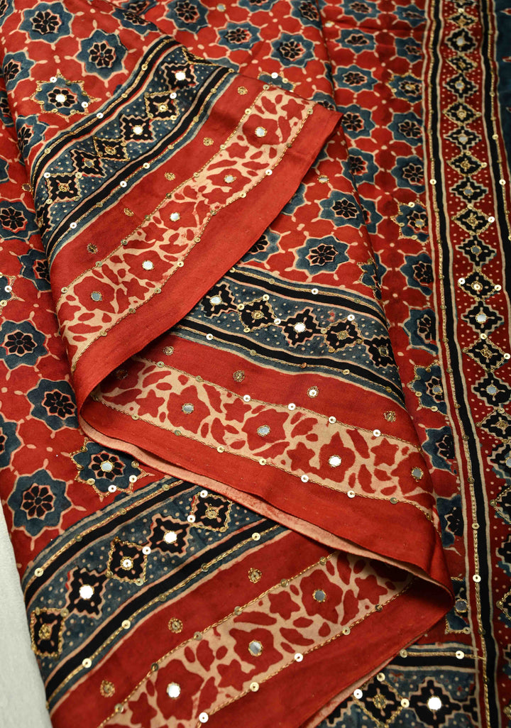 Red Ajrakh Block Print on Modal Saree with Mirror and Ari Work