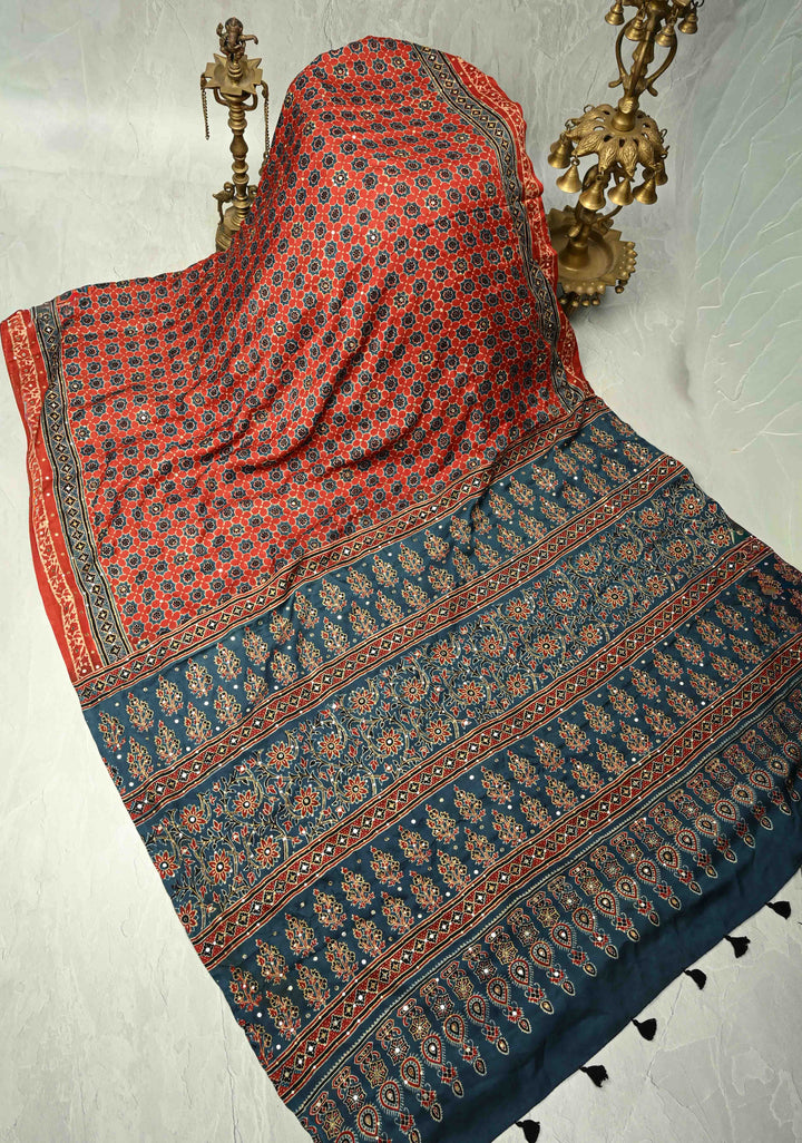 Red Ajrakh Block Print on Modal Saree with Mirror and Ari Work