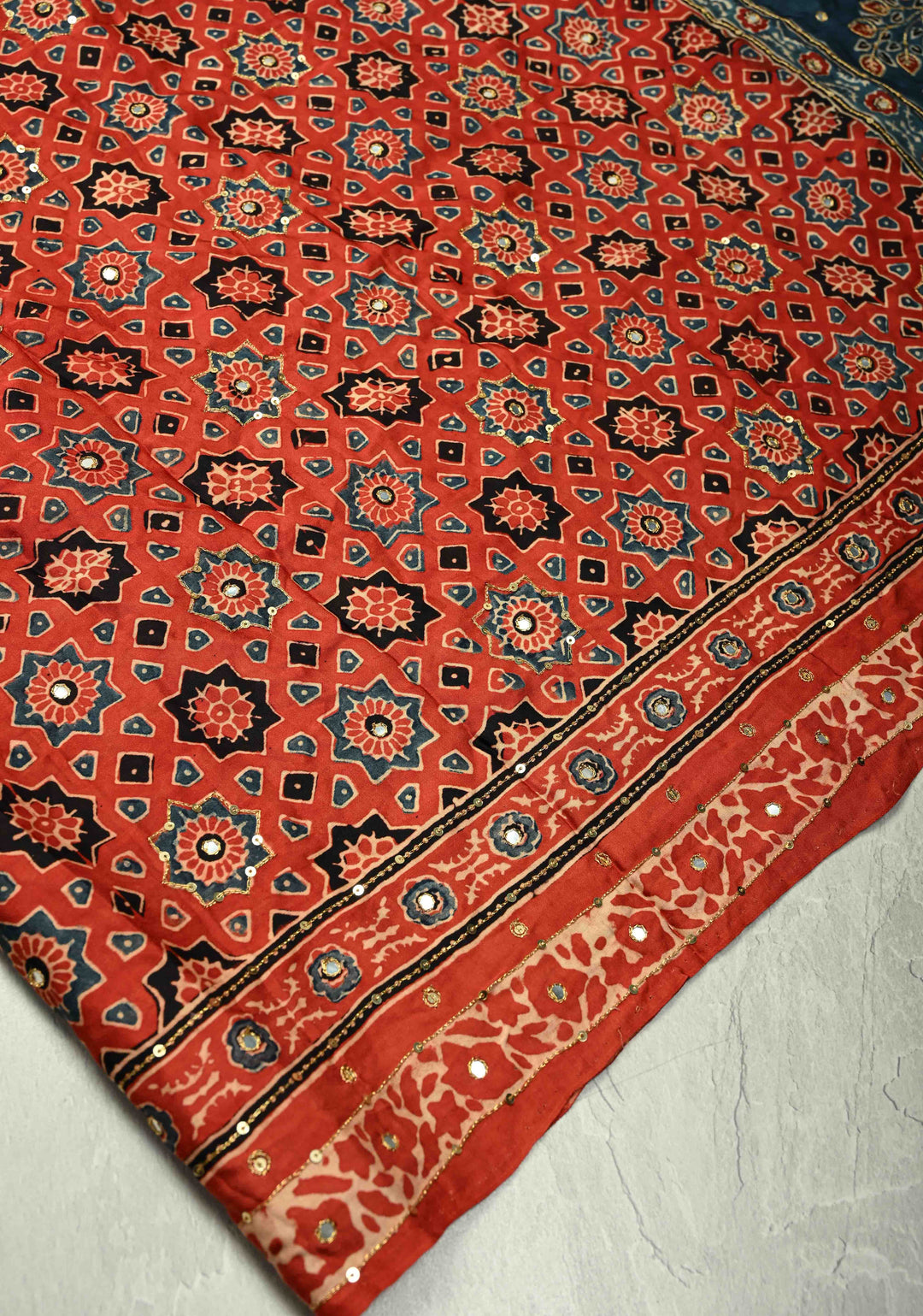 Bright Red Ajrakh Block Print on Modal Saree with Mirror and Ari Work