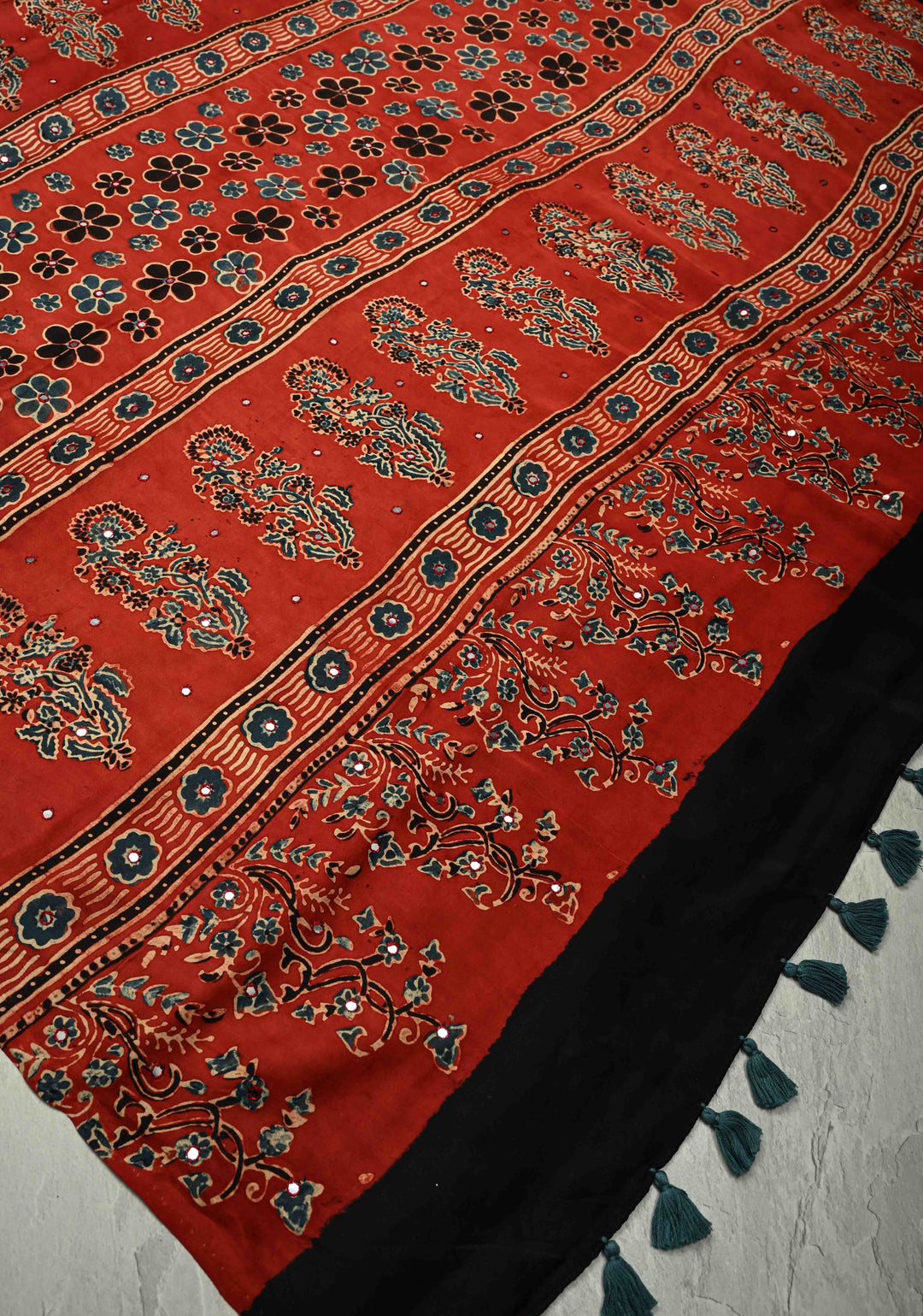 Ajrakh Block Print on Modal Saree with Mirror Work in Red