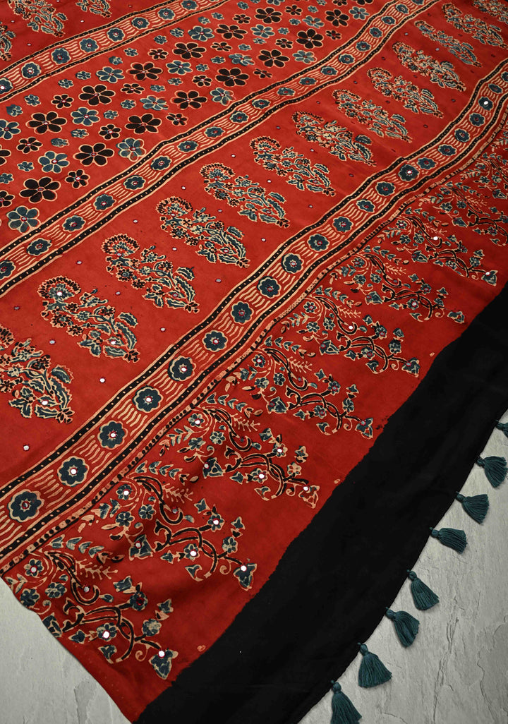 Ajrakh Block Print on Modal Saree with Mirror Work in Red