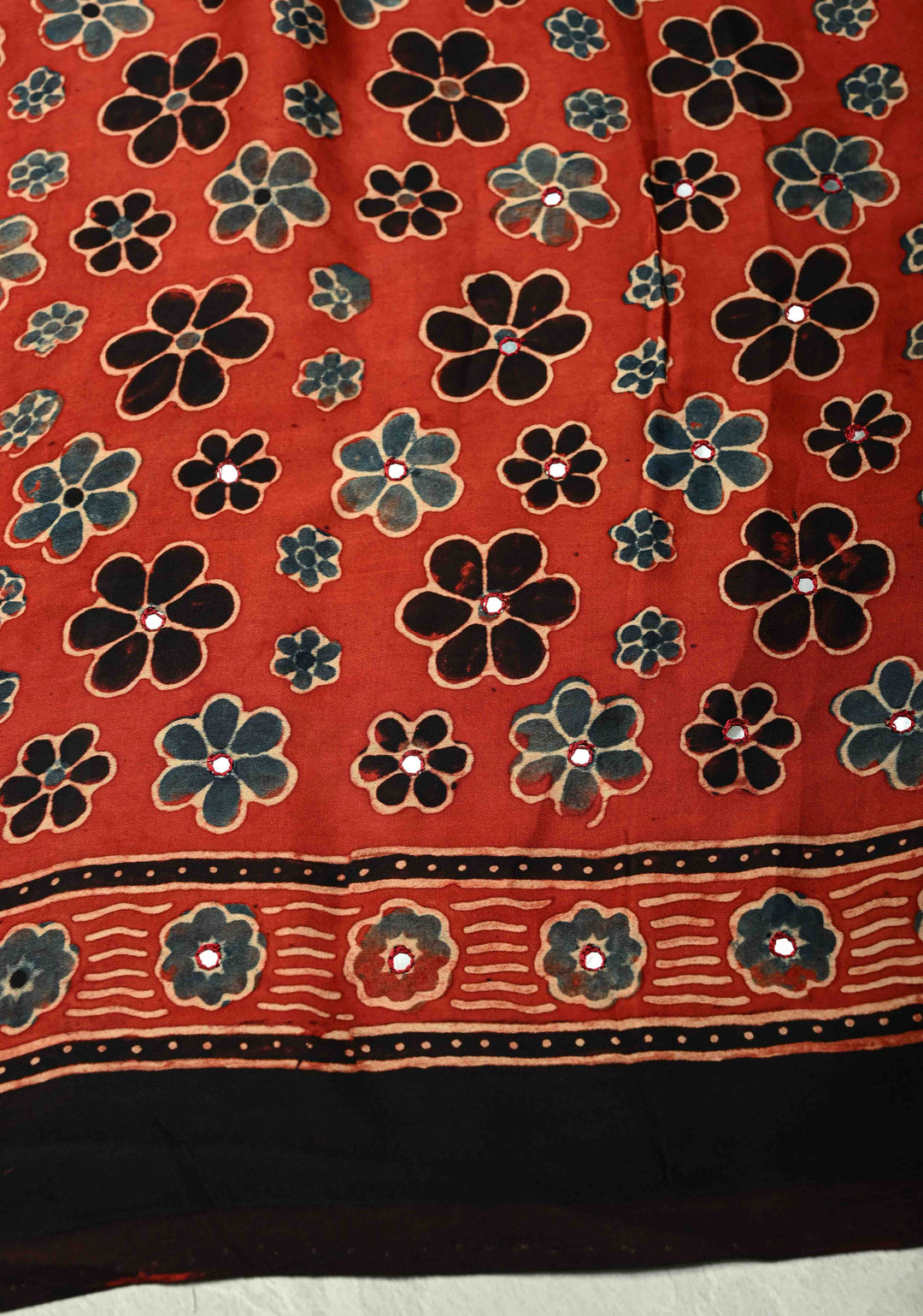 Ajrakh Block Print on Modal Saree with Mirror Work in Red