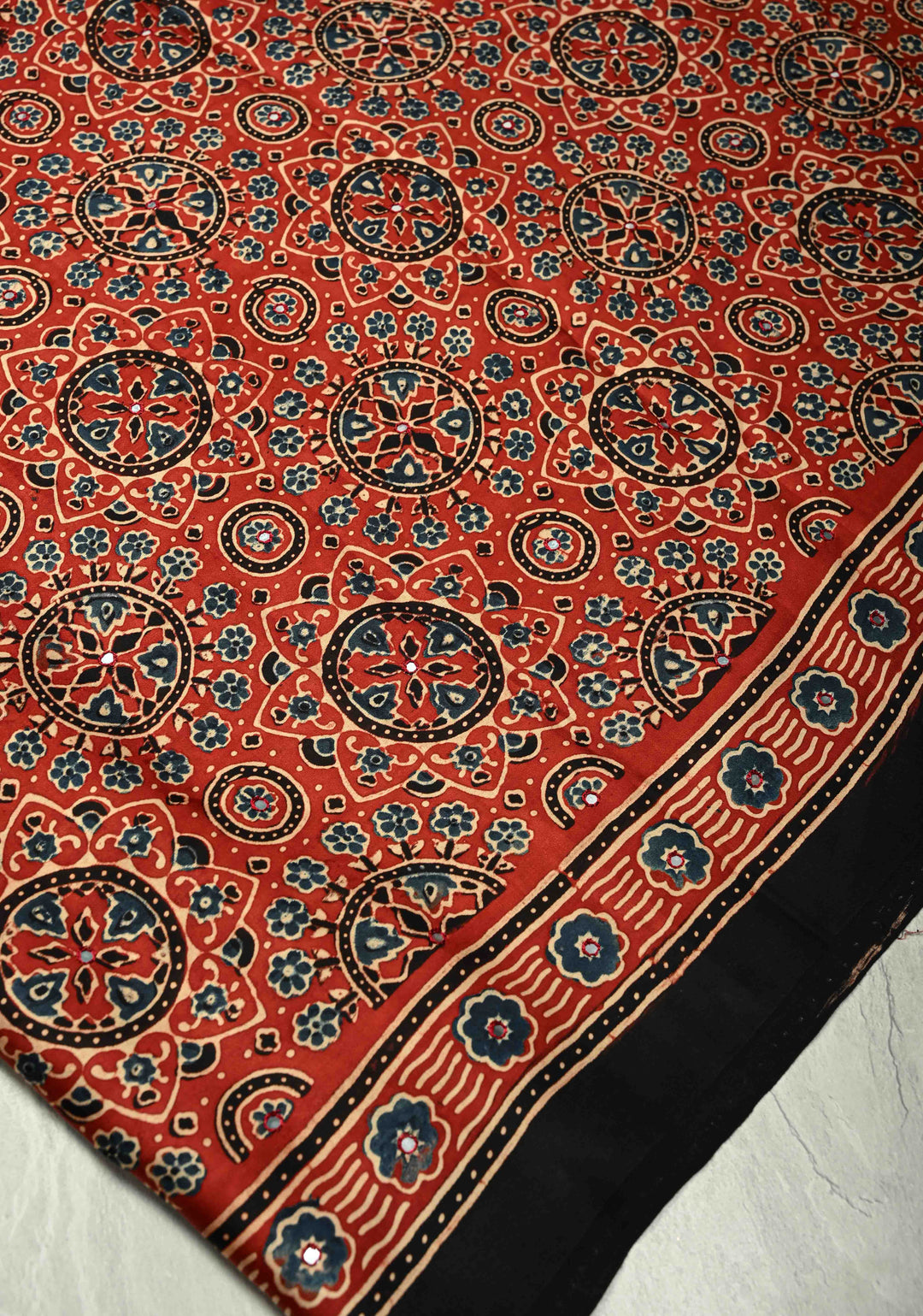 Ajrakh Block Print on Modal Saree with Mirror Work in Red