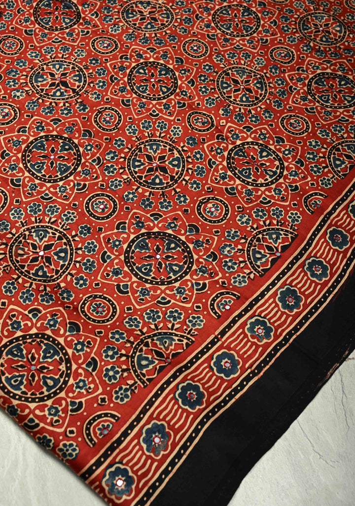 Ajrakh Block Print on Modal Saree with Mirror Work in Red
